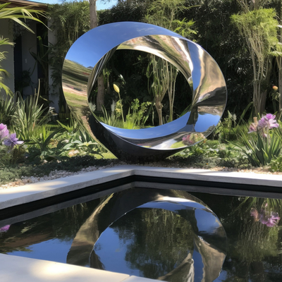 좋은 가격 현대 스테인레스 스틸 거울 야외 반지 호텔 및 빌라를위한 수경 조각 온라인으로