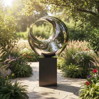 초승달 반사 조각: 광택 강철 & 검은 대리석 예술 작품